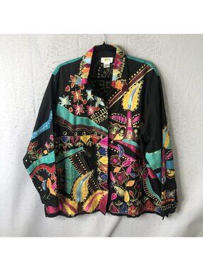 Sandy Starkman Jacket Womens 2X Multicolor Embroidered Linen Boho Art To Wear